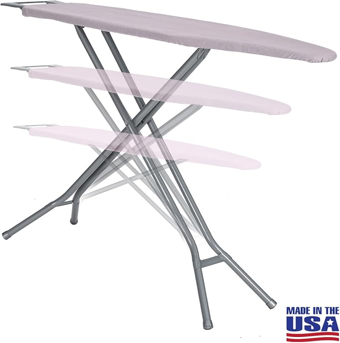 Ironing Board Full Size; Made in USA by Seymour Home Products (Light Grey). Includes Iron Rest, Cover & Pad | All-Steel Frame, 4 Heavy Duty Legs for Extra Support | Diamond Cut Mesh Top; Steam Flow