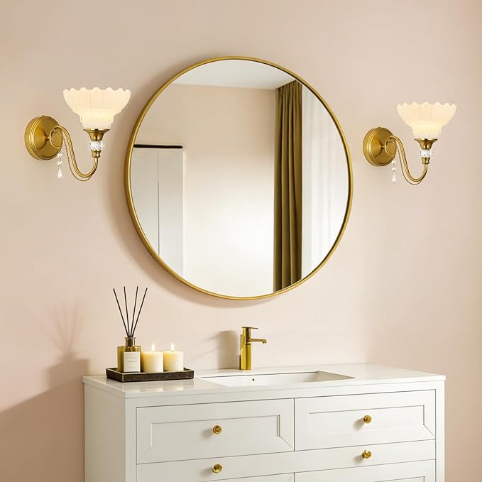 1 Piece Vintage Wall Sconce, 1-Light Brushed Gold Finish Wall Sconce with Hanging Crystal Accents and Flower-Shaped White Shades for Bathroom Bedroom Living Room,Vintage Vanity Light