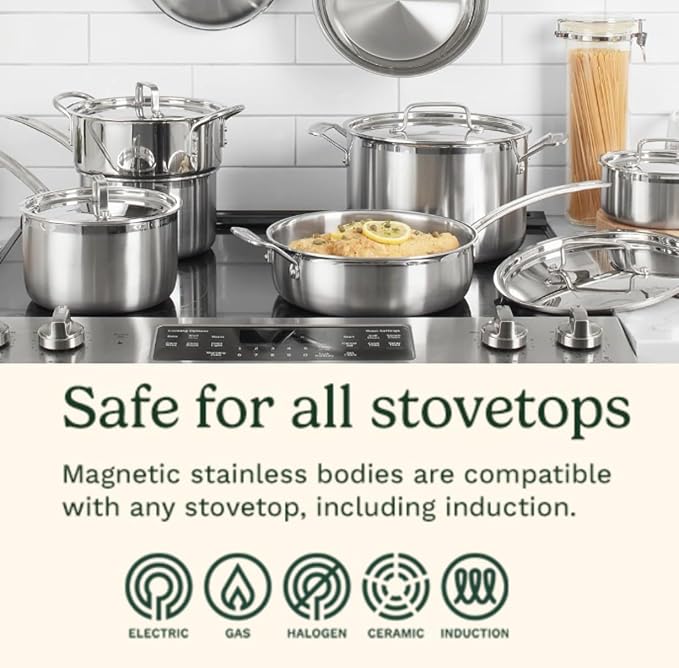Cuisinart Stainless Steel Pots and Pans Set, Induction Compatible, 12 pc | 12-pc Cuisinart stainless steel cookware set with saucepans, sauté pan, stockpot, & skillets, oven safe to 500°F, MCPS-12N