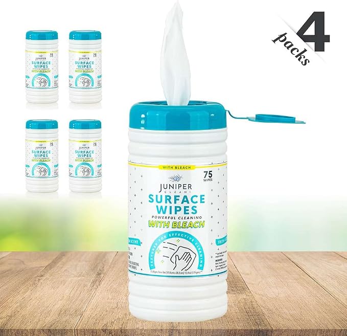 Juniper CLEAN 4 Pack Surface Cleaning Wipes with Bleach, All-Purpose Cleaner for Bathroom, Kitchen, Office, 300 Count Canister, 7.5" x 7" Sheet, Fresh Scent, Lint Free & Durable