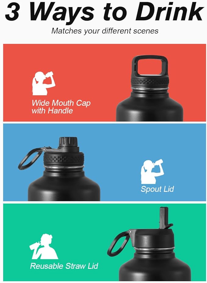 Half Gallon Insulated Water Bottle with Straw & 3 Lids, Coolflask 64 oz Water Jug Large Metal Stainless Steel Wide Mouth for Sports, Gym or Office, Non-BPA Keep Cold 48H Hot 24H, Piano Night
