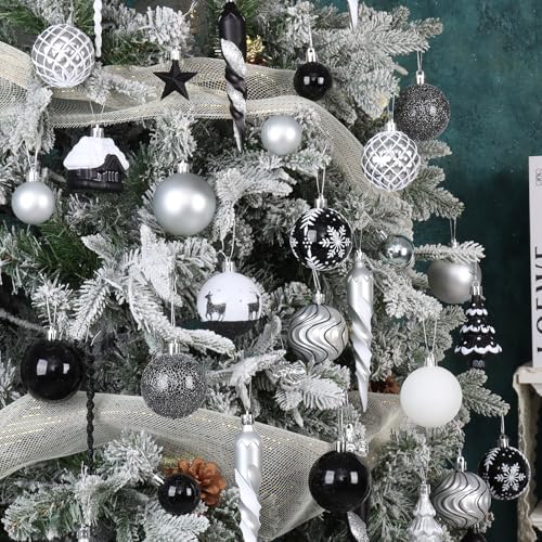 124Ct Black White and Silver Halloween Christmas Ornaments Set, Elegant Shatterproof Assorted Christmas Tree Decorations Snowflake Icicle House Ball Ornaments Baubles for Holiday (Black White Silver)
