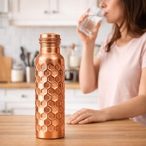 100% Pure Copper Water Bottle for Drinking, 32 Oz Large Diamond Ayurvedic Copper Bottle with Cleaning Brush, leak-proof water Vessel_Diamond