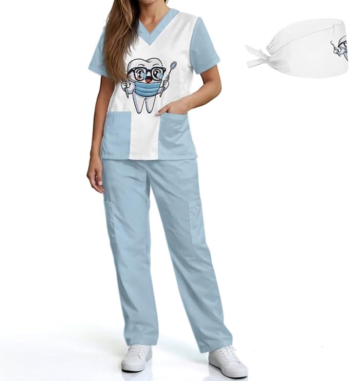Gomyblomy Women's Scrubs Suit 3-Piece Set | Teeth Print V-Neck Top & Pants & Cap, Breathable and Stretch Fabric, S-5XL