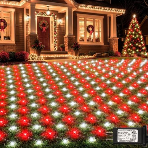 Lovelite Red White Net Lights Christmas Decorations, 21ft x 5ft 360LED Mesh Lights Outdoor Green Wire 8 Modes Timer, Waterproof Connectable String Lights for Bushes Xmas Tree Garden Holiday Party