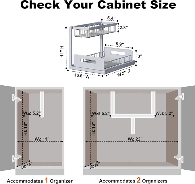REALINN Under Sink Organizer, Pull Out Cabinet Organizer 2 Tier Slide Out Sink Shelf Cabinet Storage Shelves, Storage for Kitchen Bathroom, Grey, 1 Pack