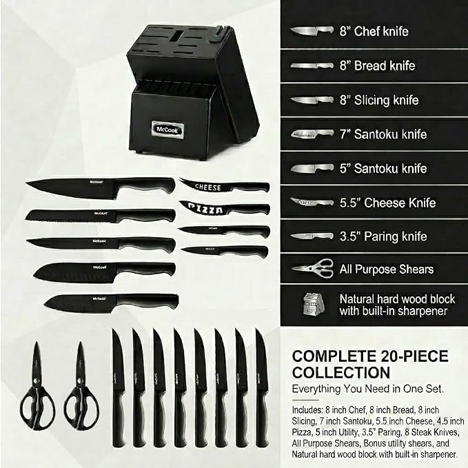 McCook® Premium Black Knife Sets,German Stainless Steel Kitchen Knives Block Set with Built-in Sharpener, 20-Piece Razor-Sharp Kitchen Knives with Ergonomic Handles, Elegant Box for Gift, Black | German Forged Stainless Steel,20 PC,Razor Sharp, Anti-Ru...