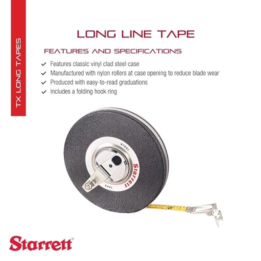 Starrett Closed Reel Long Line Tape with Nylon Rollers, Rewind Mechanism, and Folding Hook Ring - 100' Length, 3/8" Width, 1/8" Graduation, L1 Graduation Style Number - 530-100