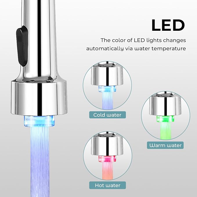 Kitchen Faucet with LED Pull Down Sprayer Chrome | 2-mode sprayer, 360° high arc spout, 304 SS build, drip-free valve, fingerprint-resistant, DIY install, 500K cycle tested