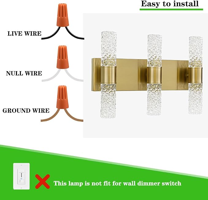Gold Bathroom Light Fixture, Modern Brushed Vanity Light with Crystal, 6 Light Bathroom Vanity Light Fixtures Over Mirror, 27w LED Hardwired Wall Sconce, Warm White