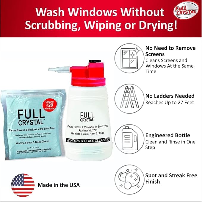 Full Crystal Window Cleaning Kit – 8 oz Glass Cleaner and Bottle with 27 ft Reach, Each 4 oz Bag Makes Up to 640 fl oz, Cleans Up to 40 Windows, Scrub-Free, Rinse-Free