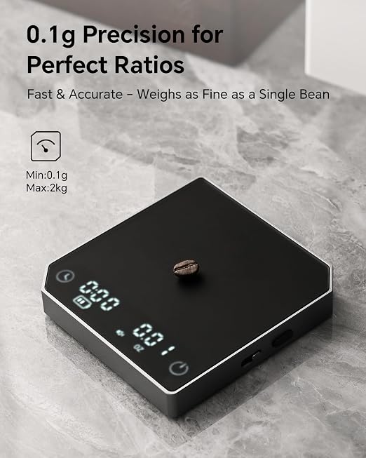 Espresso Scale with Timer - MUVNA Mini Coffee Scale 0.1g Precision Rechargeable, Metal Body Portable Digital Scale for Pour Over/Espresso with Flow Rate Display, Automatic Timing, Black