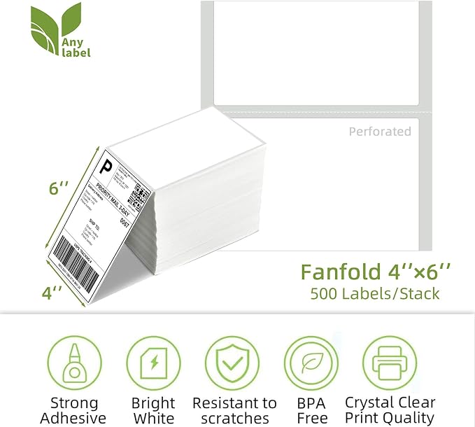 4" x 6" Fanfold Direct Thermal Labels for White Mailing Address Postage Shipping Commercial Grade Compatible with Zebra & Rollo & MUNBYN Label Printer (4 Stacks, 2000 Labels)