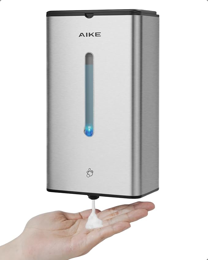 AIKE Automatic Foaming Soap Dispenser 33.8oz for Bathroom,Brushed AK1207FA | Rich Foam and Steel Finish,5-Level Adjustable and Key for Commercial(Battery Not Included),Screw Wall Mount for Space-Saving