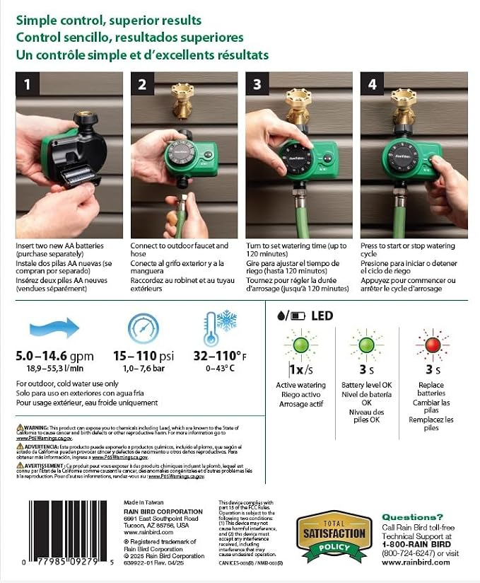 Rain Bird 1ZEHTMRS Simple-Set Hose End Timer, One Zone/Station, Battery Operated, 3/4" Garden Hose Thread, Heavy-Duty Brass Inlet, Dial with Brass Inlet