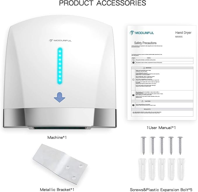modunful Hand Dryers for Bathrooms Commercial, Electric Hand Dryer Touchless, Extra Quiet Low Noise(40db), Wall Mounted Type(1600W) (White)