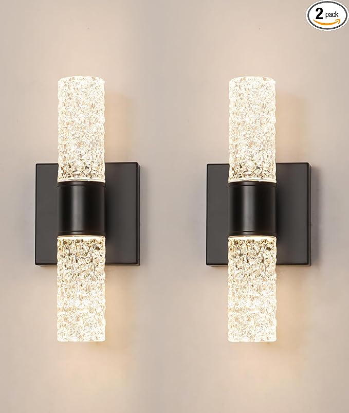 Black Sconces Wall Decor Set of 2, Crystal Bathroom Vanity Light Fixture, Modern Hardwired Wall Sconce Light Over Mirror, LED Sconces Wired for Bedroom Hallway Stairwells