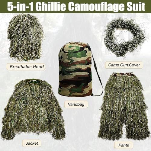 MOPHOTO 5 in 1 Ghillie Suit 3D Camouflage Hunting Suits - Jacket, Pants, Hood, Carry Bag for Adults & Youth, M/L/XL/XXL