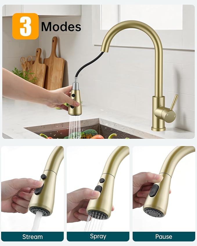 Hiqufet Vintage Kitchen Faucet, Pull Down Sprayer, Brushed Gold | Easy Install, 360 Swivel, 3 Spray Modes, SUS304 Stainless Steel, High Arc, Fits RV/Laundry/Bar Sinks, High Arc, Lead-Free