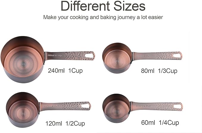 Copper Measuring Cups and Spoons Set, Stainless Steel Measuring Tools Set for Baking & Kitchen, Metric & US 4 Copper Plated Measure Cups and 5 Measure Spoons with Leveler for Wet & Dry