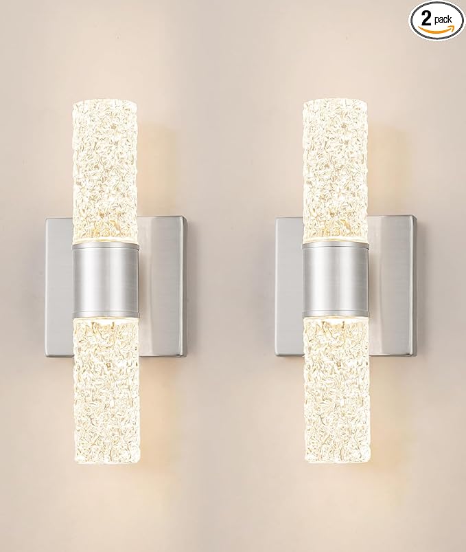 Brushed Nickel Wall Sconces Set of 2, LED Bathroom Vanity Light Fixtures, Hardwired Crystal Sconces Wall Lighting Over Mirror, LED Wall Mount Lights for Bedroom Hallway Indoor, 10W
