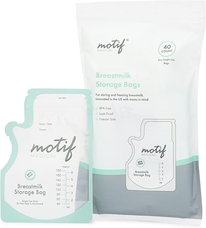 Motif Medical Breastmilk Storage Bags - Breastmilk Freezer Bags w/Easy Pour Spout, Write-On Label - Leak-Proof Double Zipper Milk Bags for Breastmilk - Breastfeeding Mom Gifts (6 Oz, 40 Count)