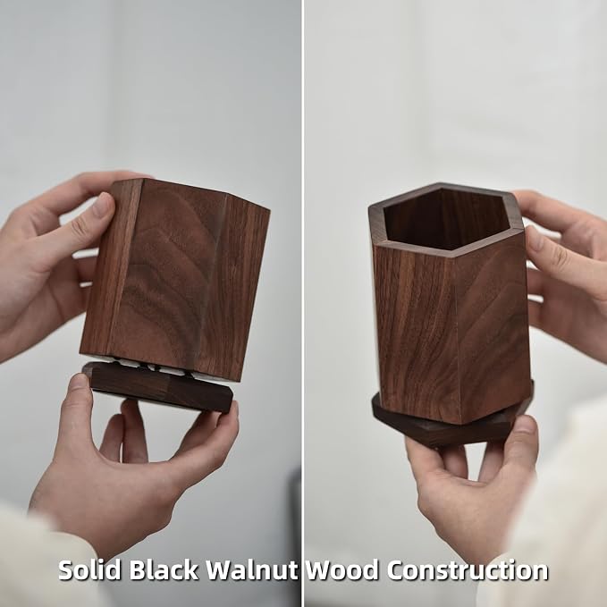 Black Walnut Hexagonal Makeup Brush Holder Makeup Organizer for Vanity 360 Rotating Organizer for Cosmetic Brush & Pen Organizer, Pens Holder, Stationery & Kitchen Utensils Solid Wood
