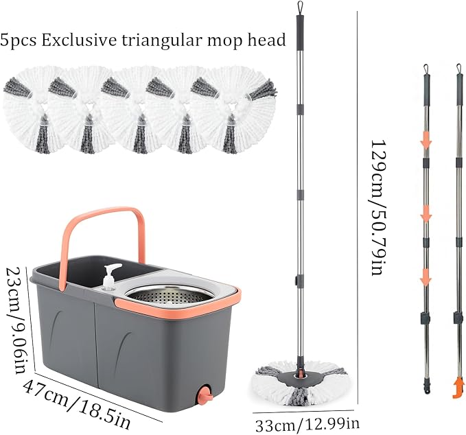 Spin Mop and Detachable Bucket Set with 5 Reusable Microfiber mop Head Dual-Chamber Water System Spining Mop Floor Cleaning Kit for Hardwood Tile Laminate Floors (Gray)