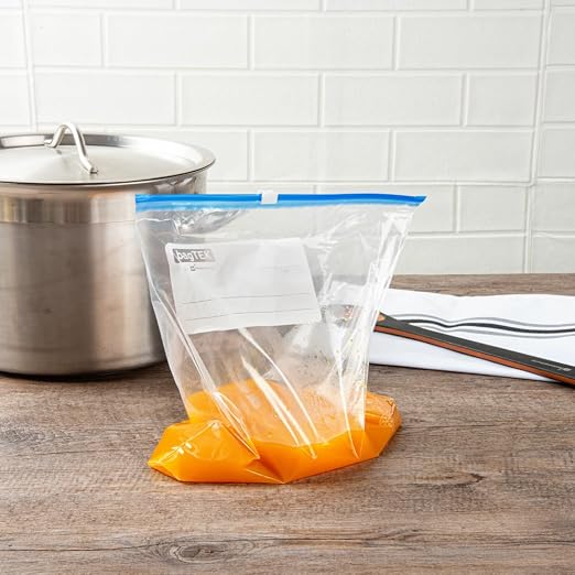 Restaurantware Bag Tek 1 Gallon Freezer Slider Bags 1000 Disposable Zipper Pouch Bags - Slide Zipper Expandable Bottom Clear Plastic Freezer Bags With Write-On-Label For Food Storage