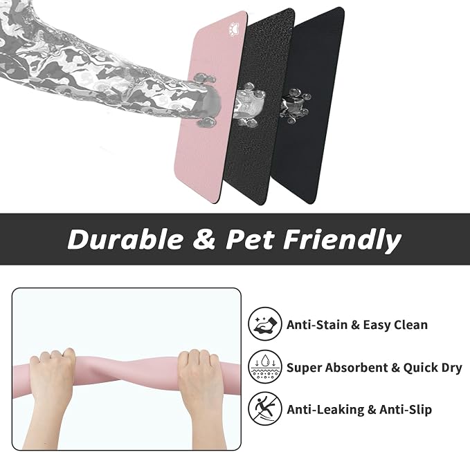 HotLive Dog Food Mat - Absorbent Cat Mat for Food and Water, No Stains Pet Feeding Bowl Mat, Easy to Clean Pet Placemats, Quick Dry Dog Water Dispenser Mat for Messy Drinkers | Paw Pink 24"x36"