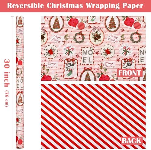 WRAPAHOLIC 30 Inch Reversible Christmas Wrapping Paper - 30 Inch x 33 Feet - Pink & Red Classic Christmas Decor and Stripes Wrapping Paper for Xmas Holiday, Party Celebration