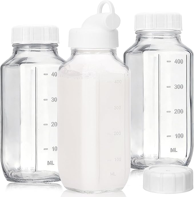Moretoes Glass Milk Container for Lunch Box, 3 Pack 16 Oz Glass Milk Bottles with Lids, Clear Juice Bottles with 1 Pour Spouts, Reusable Water Bottles with Airtight Caps & Scale for Juicing Containers