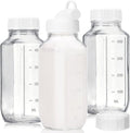 Moretoes Glass Milk Container for Lunch Box, 3 Pack 16 Oz Glass Milk Bottles with Lids, Clear Juice Bottles with 1 Pour Spouts, Reusable Water Bottles with Airtight Caps & Scale for Juicing Containers