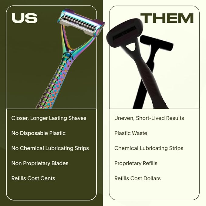 Leaf Shave | Leaf Two Kit, All-Metal, Two-Blade Safety Razor with Pivoting Head, Includes Matching Stand, Black Silicone Handle Grip, 50 Single-Edge Refills & Recycling Bank for Used Blades - Chrome