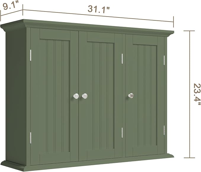 ChooChoo Bathroom Wall Cabinet with 3 Doors, Laundry Cabinet Wall Mounted, Medicine Cabinet with Adjustable Shelves, Hanging Kitchen Cupboard Organizer, Green