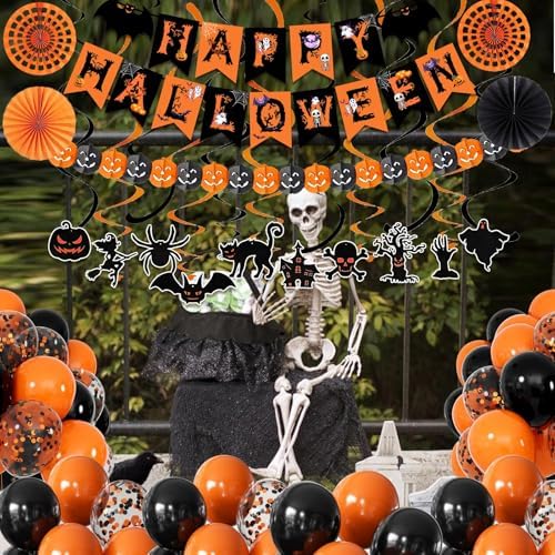 Fecedy Black Orange Happy Halloween Trick or Treat Banner Paper Fan Balloons & Swirl Streamers Goul Bat Cat Bird Ghost Pumpkin Lantern for Halloween Decorations