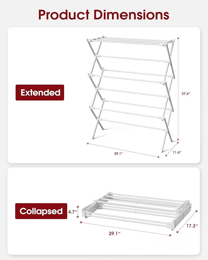 Sakugi Foldable 3-Tier Clothes Drying Rack 37.4" H with Non-Slip Feet | Indoor & Outdoor Use, Space Saving, Metal Frame, 11.4" D x 29.1" W, White