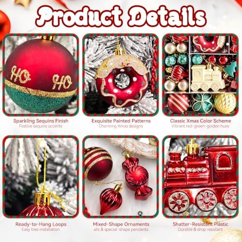 82PCS Christmas Ornaments Set Red Green and Golden Christmas Tree Decorations PVC Holiday Ornaments for Xmas Tree Festive Party Decor Supplies