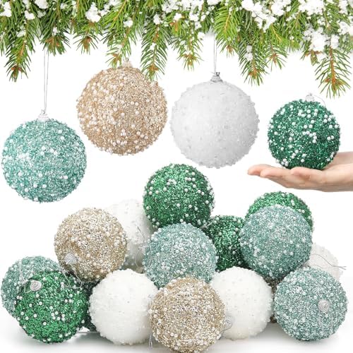 Lyrow 24 Pcs 3.15" Christmas Ball, White,Champagne Gold,Lake Blue,Green