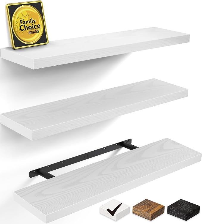BAYKA White Floating Shelves for Wall, Set of 3, 35.4 Inches Long Wall Mounted Rustic Wood Shelves for Bathroom, Bedroom, Living Room or Kitchen, Hanging Shelf for Book/Storage/Decor, 30lbs Capacity