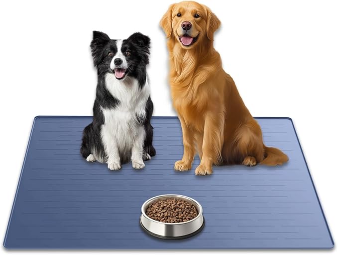 31.8"x23.8" Extra Large Pet Food Mat, Silicone Dog Mats for Food and Water, XL Nonslip Pet Feeding Mats for Floors,Dog Cat Bowl Mat with Raised Edges, Lake Blue