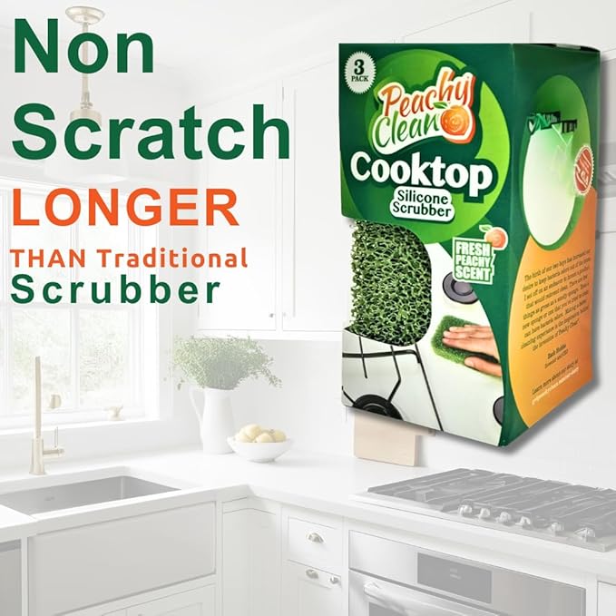 Peachy Clean Silicone Cooktop Sponge Scrubbers, Fresh Peach Scent, Non-Scratch, Odor-Resistant, Durable Household Cleaning Sponges for Dishes, Sinks, & Counter Tops Sponge, 3Pk