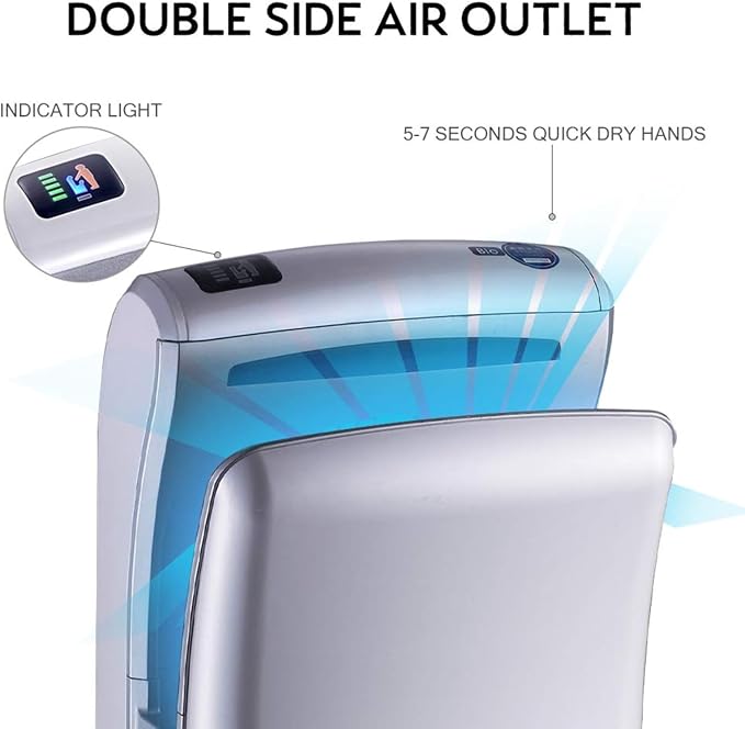 HEPA Filtered Vertical Hand Dryer 1800W Dual Blade Air Commercial Hand Dryers for Bathrooms Automatic High-Speed Jet Flow Wall Mounted Silver