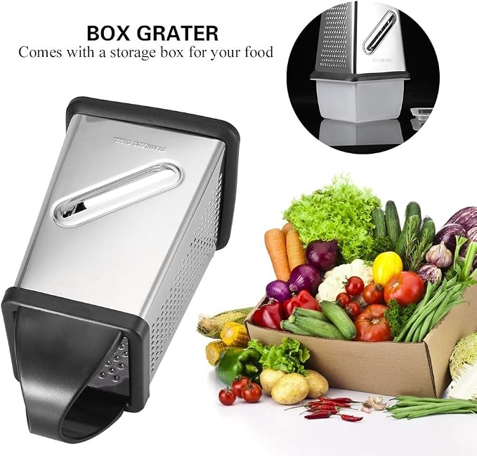 Cheese Grater, 4 Sided Box Grater Stainless Steel Cheese Grater Shredder Slicer for Grading Cheeses Fruits Vegetables Chocolates Peeler