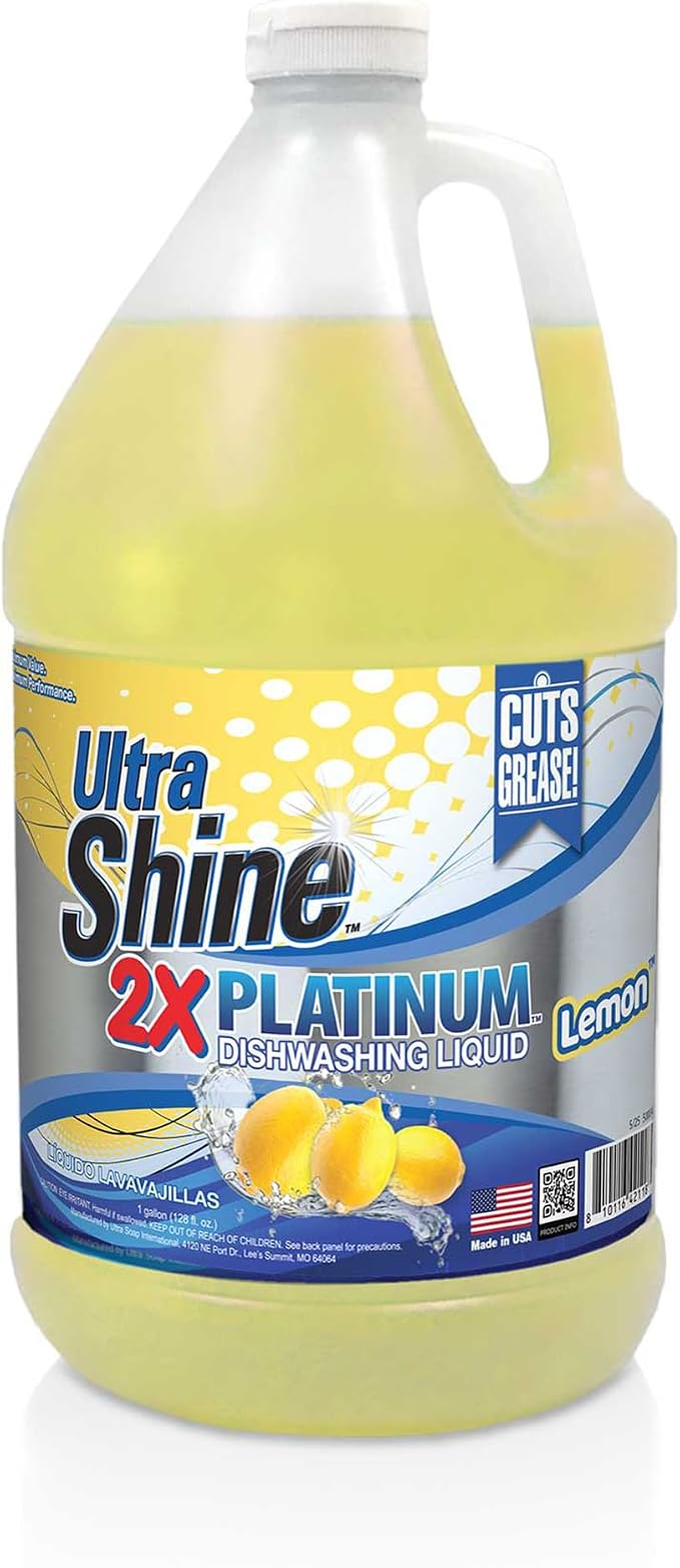 Ultra Shine™ 4 Pack 2X Platinum™ Dish Cleaning Liquid, Lemon Scent, 1 Gallon, Yellow - Powerful Grease Remover Dishwashing Soap