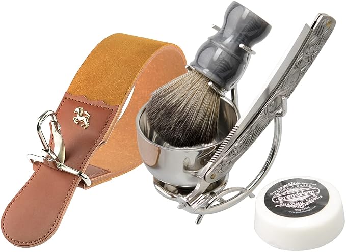 Grandslam Shaving Straight Razor Kit, Steel Cutthroat Straight Razor With Leather Strop, Shave Brush, Stainless Steel Shaving Bowl and Stand, Gift for Men