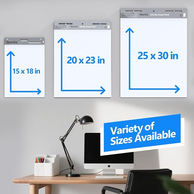 Nortix Easel Pad, Self-Stick Easel Pads, Anchor Chart Paper for Teachers, Strong Adhesive & Bleed-Resistant, 20''x23'' Sticky Notes Chart Paper, 30 Sheets/Pad, 8 Pads