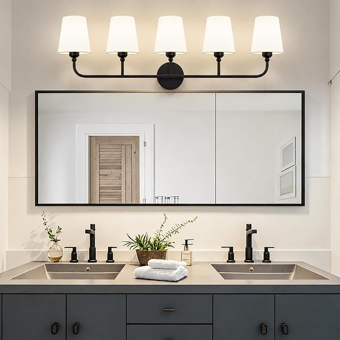 Bathroom Vanity Light, Matte Black Bathroom Light Fixtures, 5-Light Lighting Fixtures Over Mirror, Modern Wall Sconce with Flared White Fabric Shade, E26 Socket(ETL Listed)