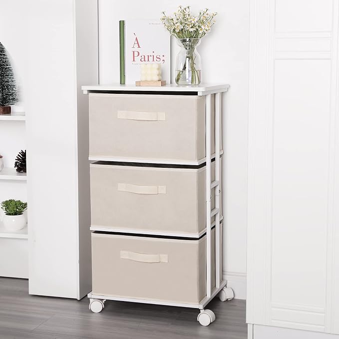 MAX Houser Dresser Tower with 3 Drawers for Bedroom, Fabric Storage Organizer Unit, Chest of Drawers with with WoodTop, Small Vertical Storage for Guest Room, Closet, Entryway(Beige) | Fabric Storage Organizer Unit, Chest of Drawers with with WoodTop, ...