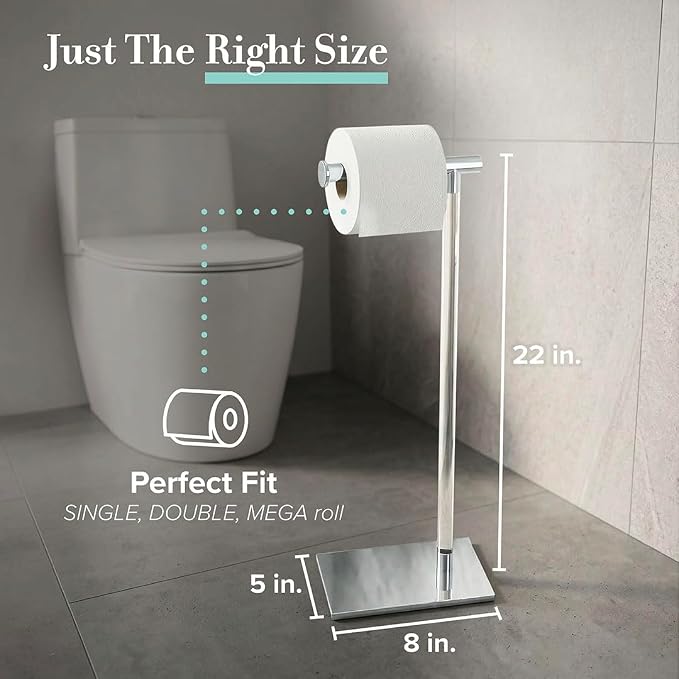 Gatco 1331C Modern Rectangle Base Freestanding Toilet Paper Holder, Chrome/Acrylic, Weighted Base Bathroom Tissue Stand 22.25"